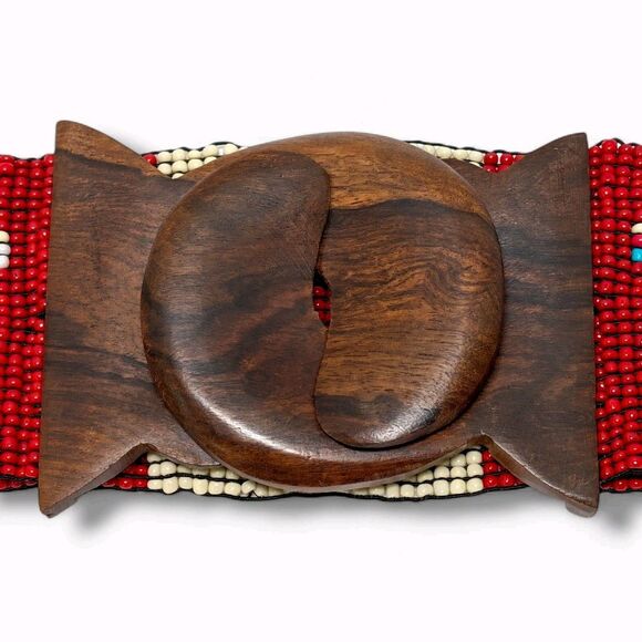 Vintage Native Style Beaded Belt Red Cream Wooden Buckle Boho Western main image 10